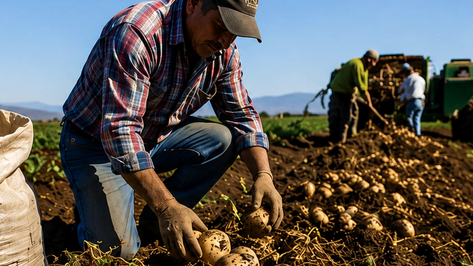 Productor cosechando papa en campo